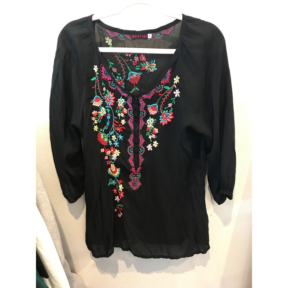 Johnny Was Black Embroidered Sheer Cupra Rayon Blouse Boho Floral Top Small